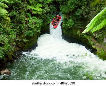 A group of whitewater rafters on the Kaituna River, New Zealand