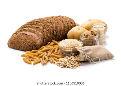 Group of whole foods, complex carbohydrates isolated on a white background
