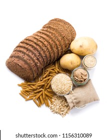 Group Of Whole Foods, Complex Carbohydrates Isolated On A White Background