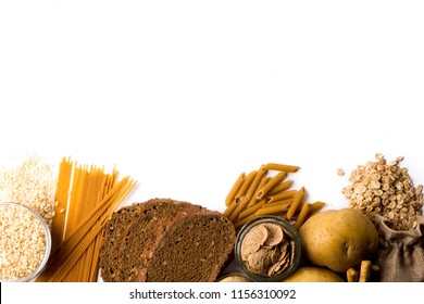 Group of whole foods, complex carbohydrates isolated on a white background - Shutterstock ID 1156310092