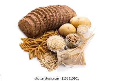 Group Of Whole Foods, Complex Carbohydrates Isolated On A White Background