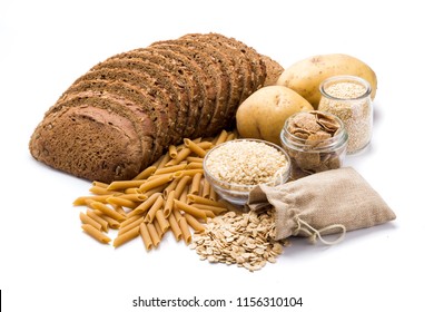 Group of whole foods, complex carbohydrates isolated on a white background - Shutterstock ID 1156310104