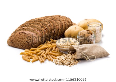 Group of whole foods, complex carbohydrates isolated on a white background