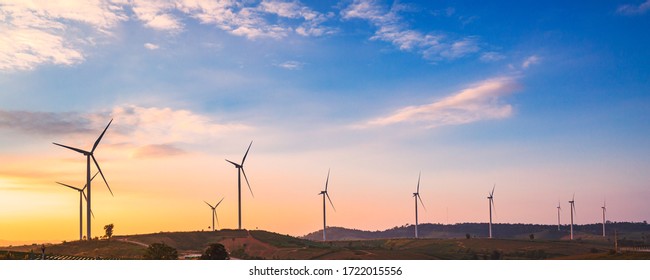 Group of Wind turbine in sunset at Khao Kho, Phetchabun, Thailand
