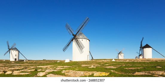 Group of  windmills in Campo de Criptana in sunny day time.  Spain