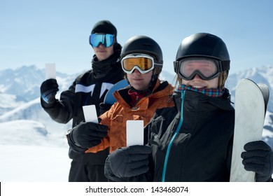 Group Of Winter Sport People Showing Ski Lift Pass Looking. Concept To Illustrate Ski Admission Fee