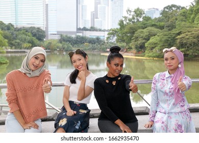 Group Of Woman Malay Chinese Indian Asian Malaysian Outdoor Green Park Lake Nature Happy Thumbs Up Gesture 