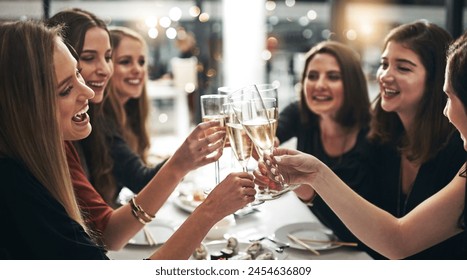 Group, women and champagne for toast in restaurant for dinner party, celebration and sushi with lens flare. Friends, cheers and happy by table with alcohol glass, girls night and seafood for congrats - Powered by Shutterstock