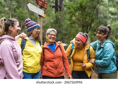 Group Of Women With Different Ages And Ethnicities Having Fun Walking In The Woods - Adventure And Travel People Concept 