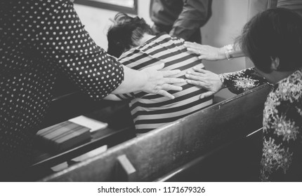 Group Of Women People Praying For Body Of Christ.worship, Healing, Believe,trust,faith And Pray Concept.black And White Tone.