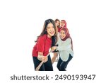 A group of women are playing tug of war, with one of them wearing a red shirt. Scene is lighthearted and fun, as the women are laughing and enjoying themselves.  Indonesian independence day concept