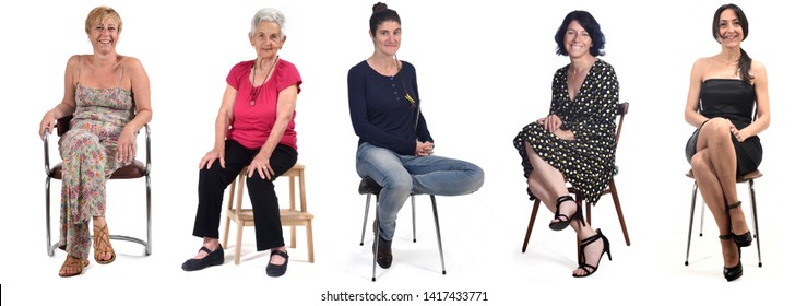 Group Of Women Sitting On Chair On White Background