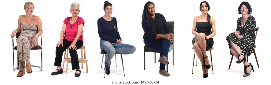 group of women sitting on chair on white background