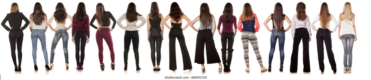 A Group Of Women In Trousers, Rear View