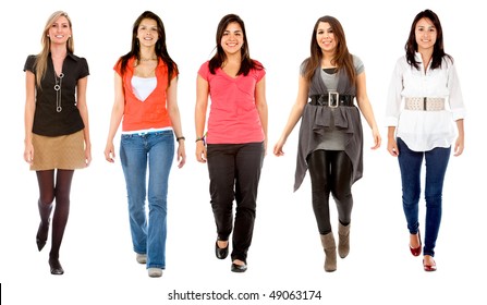 Group Of Women Walking Isolated Over A White Background