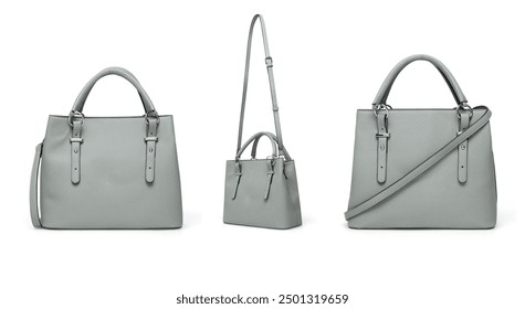 Group of women's fashion beige purse handbag isolated on white background. Cloud leather unisex casual shoulder bag. High resolution photo product - Stock photo