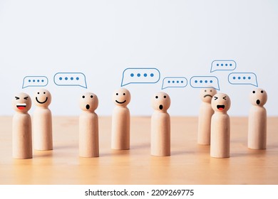 Group Of Wooden Figure With Comment Message Box Cloud For Customer Feedback Or Group Discussion For Problem Solving Concept.