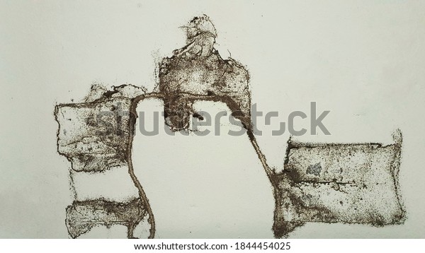 Group of worker\
termites walking and leave mark of termite nest on old brick of\
abandoned house. Background for environment or pest control or\
house problem concept.