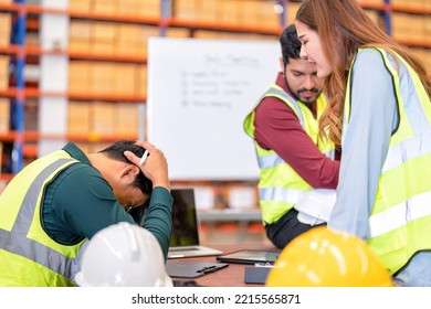 Group Of Worker In The Warehouse Factory Conduct Toolbox Talk Daily Meeting And Argument Brainstorm In The Morning Before Start Working