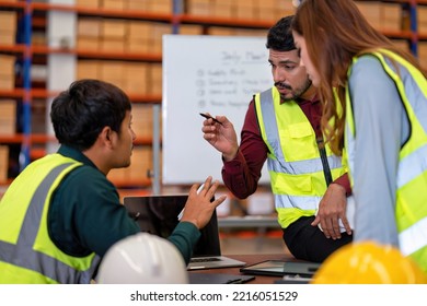 Group Of Worker In The Warehouse Factory Conduct Toolbox Talk Daily Meeting And Argument Brainstorm In The Morning Before Start Working