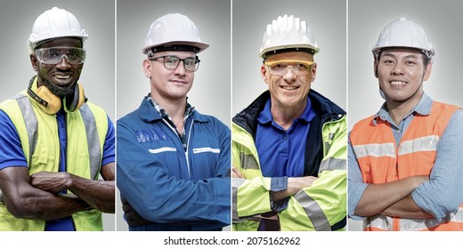 group workers men engineering standing with confident with blue working suite dress and helmet in front of blue background. Concept of smart industry worker operating. Diversity of people of industry.