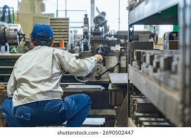 A group of workers operating machine tools in a factory