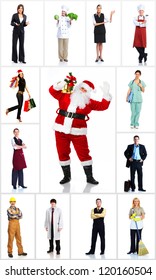 Group Of Workers People And Christmas Santa. Isolated Over White Background.