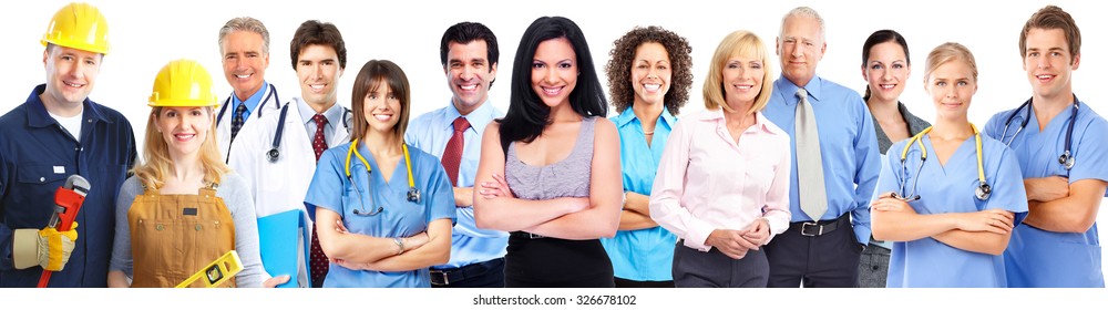 Group of workers people in uniform. Teamwork background