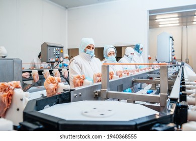 Group of workers working at a chicken factory - food processing plant concepts.Automated production line in modern food factory. People working.Production line in the food factory.Meat processing plan