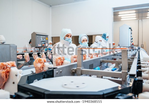 Group of workers working at a chicken factory - food\
processing plant concepts.Automated production line in modern food\
factory. People working.Production line in the food factory.Meat\
processing plan