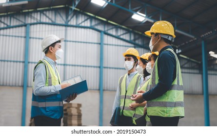 Group Of Working Staff In Face Medical Mask Having Safety Meeting At Factory, Working Safety And Health Concept