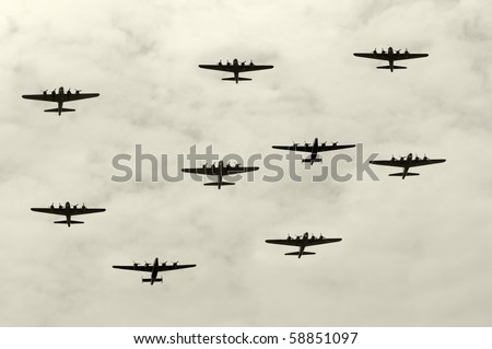 Group of World War II heavy bombers on a mission