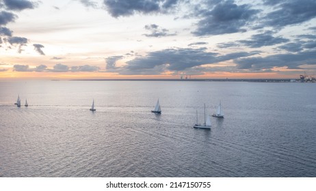 Group Of Yachts Moving Along The Sea Fairway In One Direction At Sunset. Aerial Panramic View