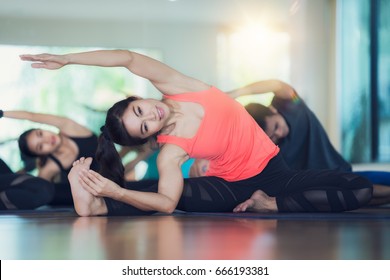   Group Of Yoga Exercise And Class In Fitness Center, Man And Lay Relax In Gym