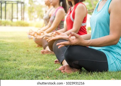 Group of yoga woman at the park in the morning