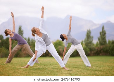 Group, yoga and women stretching outdoor for exercise, healthy body or fitness of friends. Park, pilates pose and people in nature for balance or holistic practice for wellness together in summer - Powered by Shutterstock