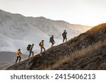 Group of young active hikers with backpacks walks uphill in mountains at sunset