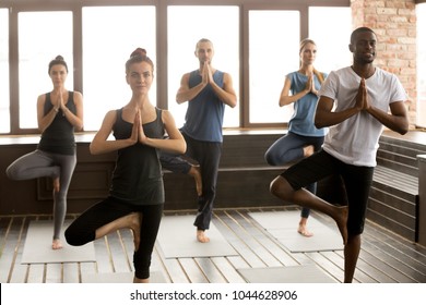 Group of young afro american and caucasian sporty people practicing yoga lesson standing in Vrksasana exercise, Tree pose with namaste gesture, working out, indoor, studio. Healthy lifestyle concept - Powered by Shutterstock
