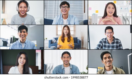 Group of young Asian business people, office coworker on video online conference call, remote team meeting. Work from home, internet communication technology, coronavirus social distancing lifestyle - Shutterstock ID 1998538877