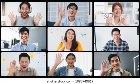 Group of young Asian business people, office coworker on video online conference call, remote team meeting - Shutterstock ID 1998740819