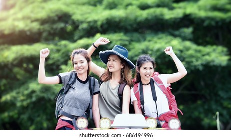 Group Of Young Asian Camper Enjoy Adventure Travel, Forest Park Outdoors . Holiday , Vacation , Summer Concept .