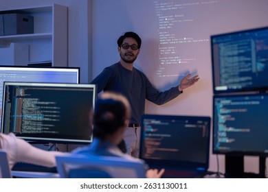 Group of young Asian Software Developers Talk,Discuss a Technological Project prompt app program nomad AI.Ux and Ui Developer Designer brainstorming algorithms on computer screen in office.