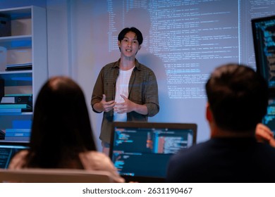Group of young Asian Software Developers or programmer Talk,Discuss a Technological Project prompt app program nomad AI.Ux and Ui Developer Designer brainstorming algorithms on computer in office