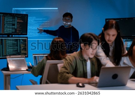 Group of young Asian Software Developers Talk,Discuss a Technological Project prompt app program nomad AI.Ux and Ui Developer Designer brainstorming algorithms on computer screen in office.