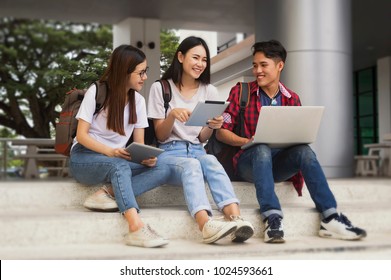 Group Of Young Asian Studying In University Sitting During Lecture Education Students College University Studying Youth Campus Friendship Teenager Teens Concept.