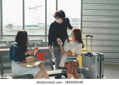 Group Of Young Asian Traveler Say Hello Greeting At The Airport.