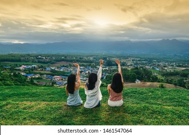 Group Of Young Asian Women Traveler On Top Hill Joy Fun View Nature Scenic Landscape, Outdoor Leisure Lifestyle People Travel Pai Thailand, Tourist Girl On Vacation, Tourism Beautiful Destination Asia