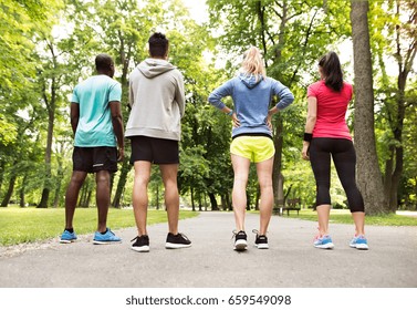Group of young athletes prepared for run in green sunny park. - Shutterstock ID 659549098
