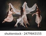 Group of young beautiful ballerinas gracefully moves in dance, as muses against vintage studio background. Concept of ballet, history and classic, fusion of modernity and ancient times in art.