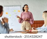 Group of young business people having a meeting or presentation and seminar with whiteboard in the office. Portrait of a young businesswoman leader